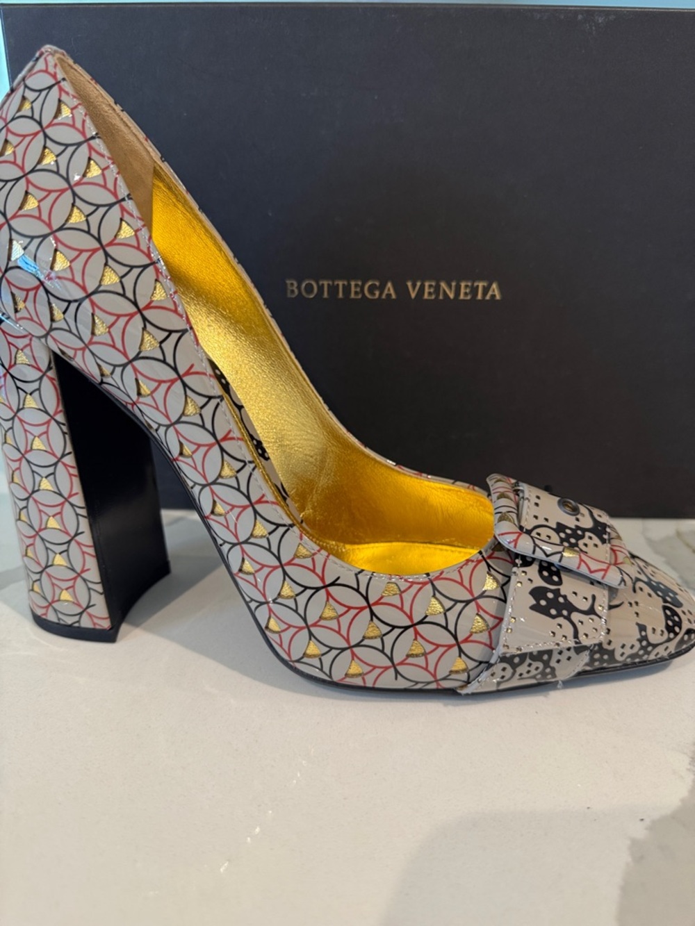 Bottega Veneta Multicolor Patterned Block Heel Pump with Gold Interior EUR 40.5 - Picture 1 of 10